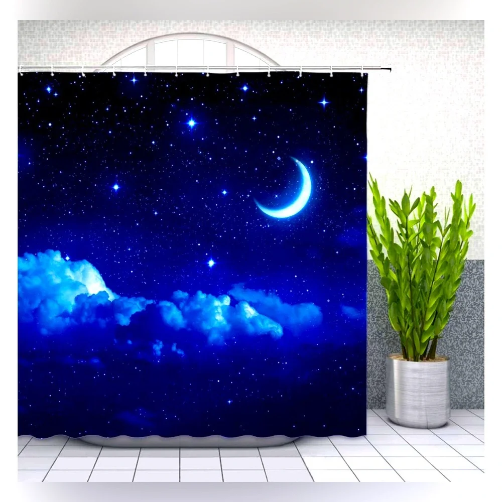 AMFD Moon Star Galaxy Night Sky Shower Curtain 70” x 70” Blue